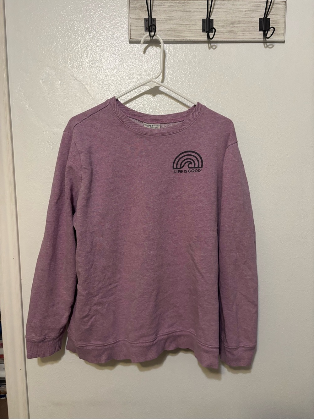 Life Is Good Crewneck Sweatshirt in Dusty Lavender with Black Logo